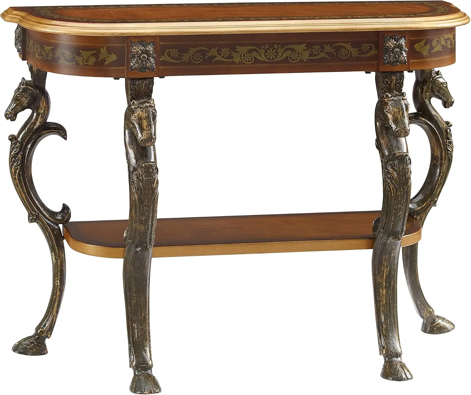 Furniture Masterpiece Floral Demilune Console Table, Brown and Gold 42 x 31.5 x 15.5