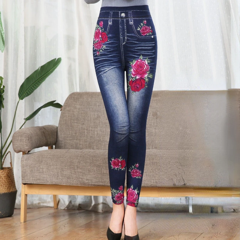 

Floral Faux Jeans Leggings High Waist Push Up Denim Pants Slim Elastic Strech Skinny Pencil Pant Female Leggings 3XL