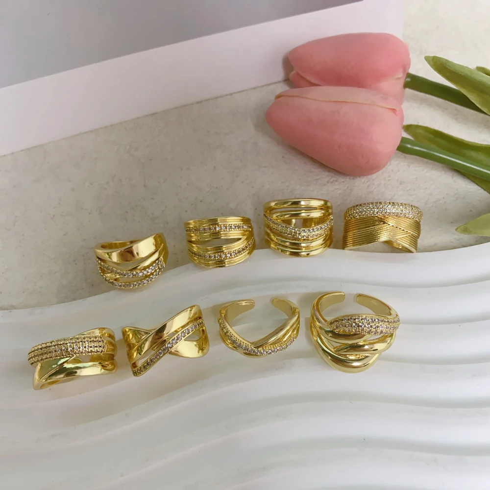

Высококачественное регулируемое 18-каратное позолоченное латунное ювелирное кольцо с цирконом, элегантное золотое кольцо для женщин