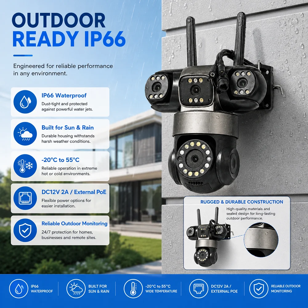 8MP 4*1080P WiFi IP Camera PTZ Four Screens Outdoor CCTV Security Surveillance Camera Night Vision Monitor 3D Space P6SLite App