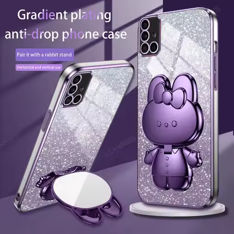 Cute 3D Rabbit Makeup Mirror Stand Plating Case For Samsung Galaxy A71 A51 4g A03s A31 A21s Protect Back Cover A 71 51 31 21s 03