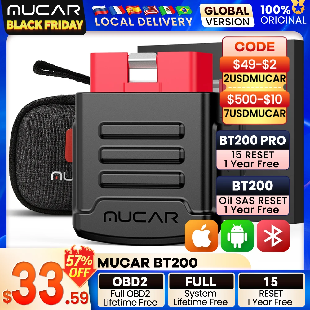 MUCAR BT200 Automotive Diagnostic Tools Obd 2 Bluetooth Wifi Scanner for All Cars Auto Obd2 Tester 15 Resets Diagnosis 