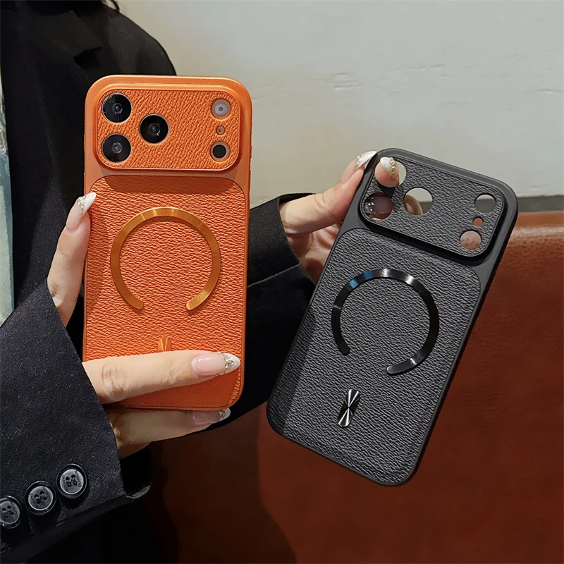 

Large Window Leather Texture Shockproof Case for iPhone 17 Air 16 15 14 13 17Pro Max CD Pattern Magnetic For Magsafe Candy Cover