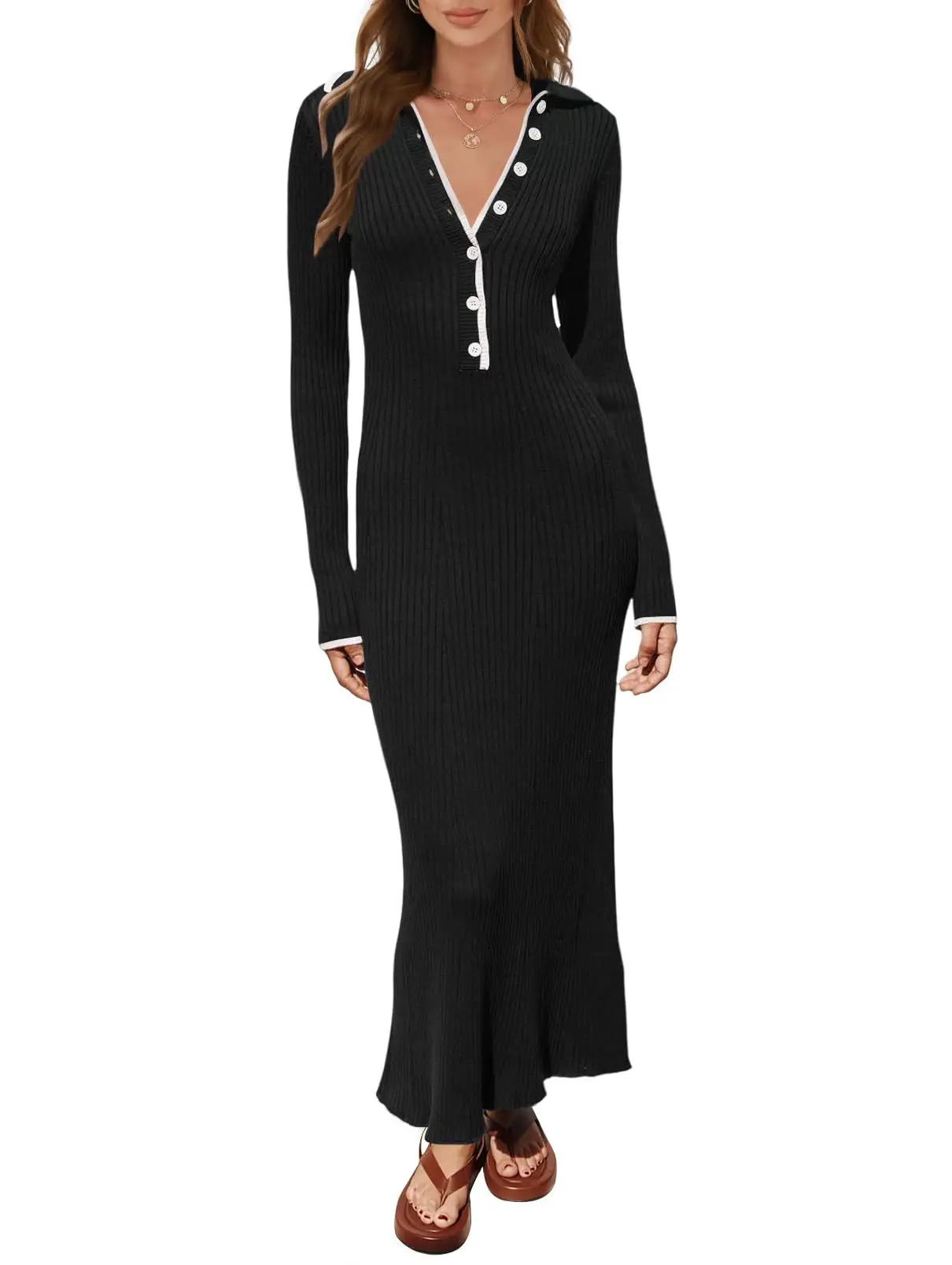 

Korean Style Autumn Solid Elegant Office Lady Button Knitted Long Dress Women's Slim Long Sleeve Wrap Hip Fishtail Dress
