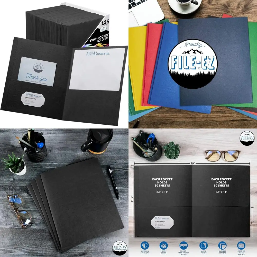 Pastas de dois bolsos pretas tamanho carta de papel texturizado, pacote com 125