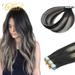 Doreen European Real Remy Human Hair Tape In Extensions 16 to 24 Inch 20Pcs 50g PU Seamless Balayage Silver Grey Hair Black Root