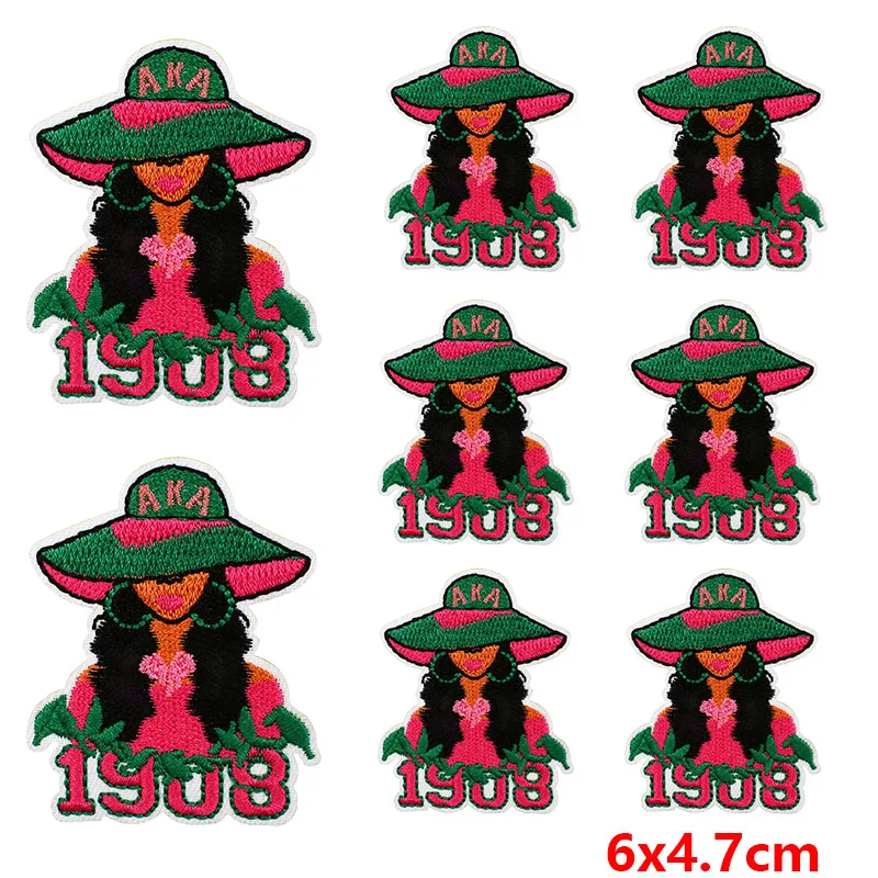 10 Pcs/Lot Wholesale 1908 AKA Black Girl Embroidery Patch Iron On Patches For Clothing Thermoadhesiv Patches On Clothes Badges