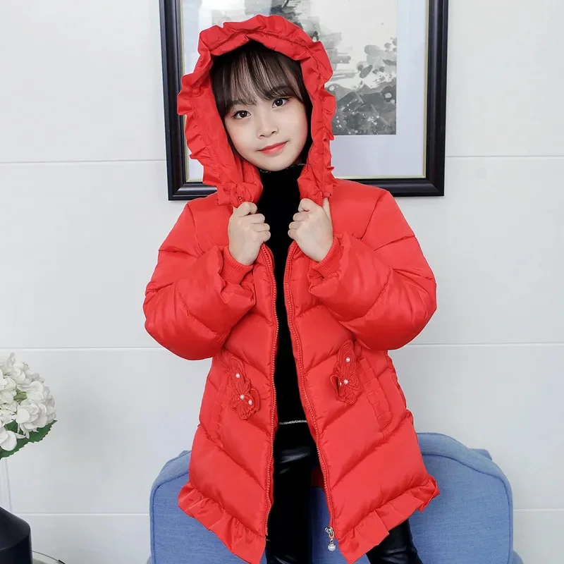 Girls Jacket Winter Thick Hooded Warm Cotton Coat Long Children Clothing Outwear 3-12 Years TZ527