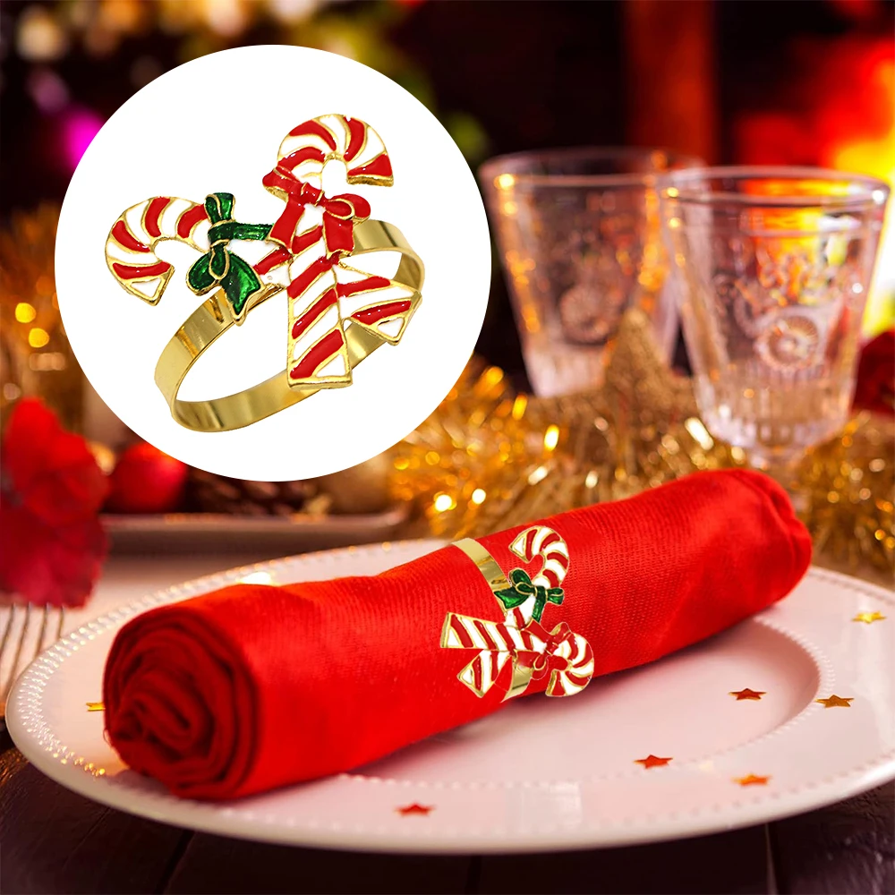 6Pcs Christmas Candy Cane Napkin Rings Gold Napkin Holder Buckles for Christmas Holiday Wedding Birthday Party Table Decoration