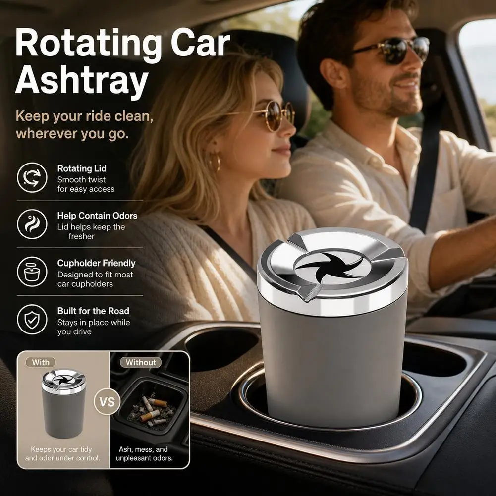 Rotating Lid Car Ashtray Ceramic Inner Liner Heat Resistant Smokeless Portable Ash Tray For Vehicle Cup Holder Car Accessories view 3