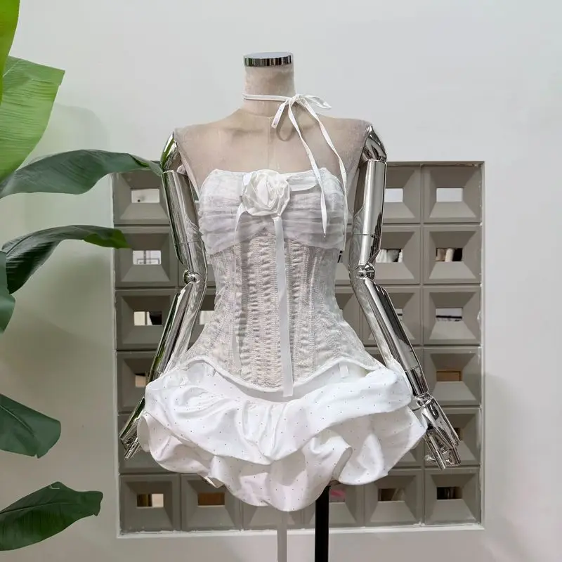 Summer Floral Strap Tube Top Low-Waist Bubble Cake Mini Skirt Wedding Sets Nightclub Party Evening Celebrate Birthday Outfit