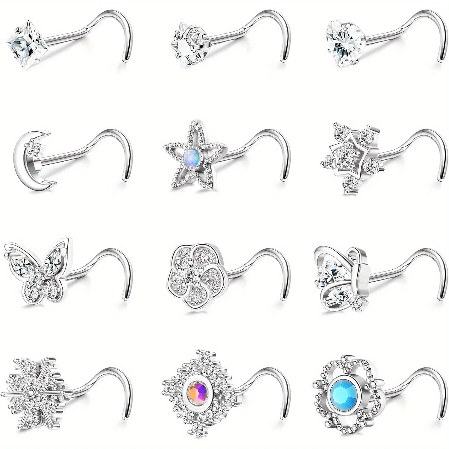 Drperfect 20G Stainless Steel Nose Rings Stud for Women Screw L Shaped Nose Studs Cubic Zirconia Flower Butterfly Nose Piercing
