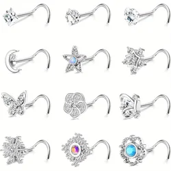 Drperfect 20G Stainless Steel Nose Rings Stud for Women Screw L Shaped Nose Studs Cubic Zirconia Flower Butterfly Nose Piercing
