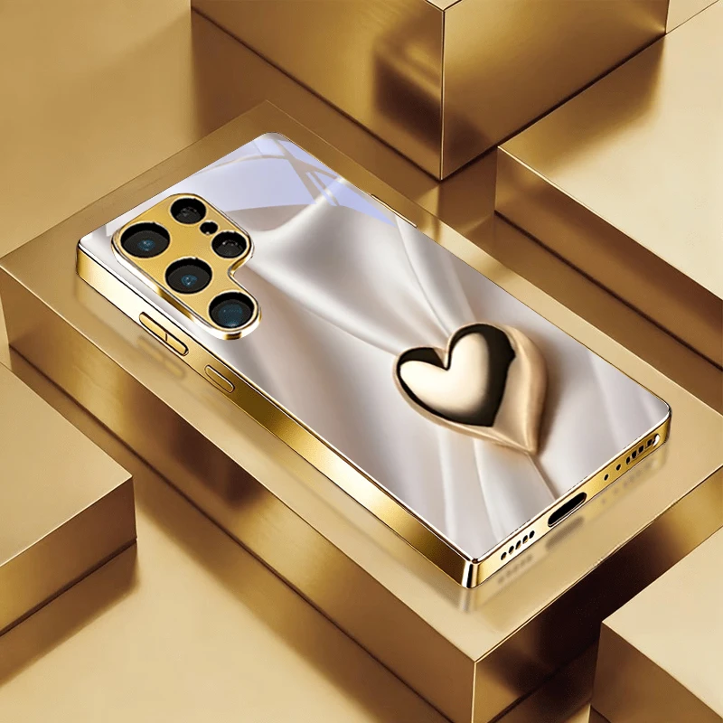 Elegant Cream Gold Heart Electroplated Golden Phone Case For Samsung A22 A32 A42 A52 A72 A23 A33 A53 A73 A34 A35 A37 Back Cover