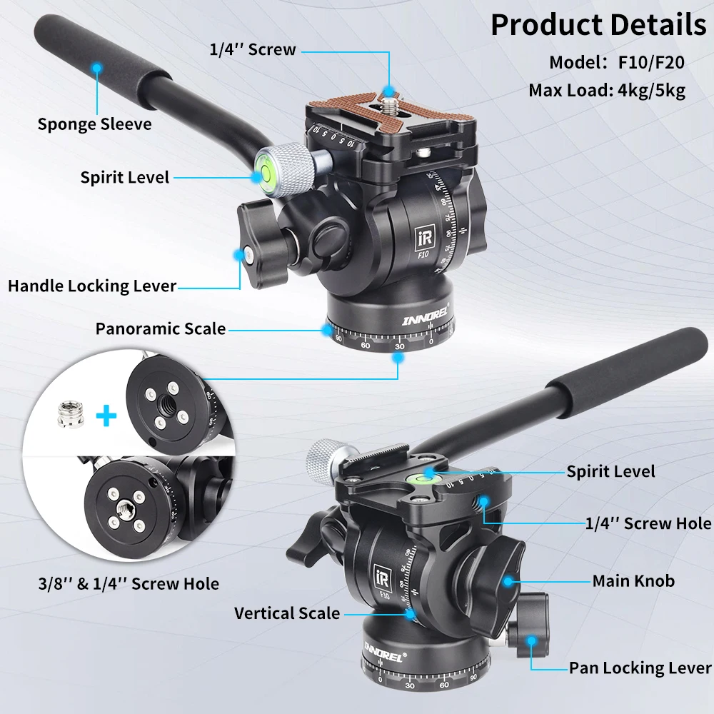 F10/F20 미니 삼각대 유체 헤드, 파노라마 비디오 DSLR 카메라 삼각대 헤드, Arca Swiss 퀵릴리즈 플레이트, 삼각대용 모노포드