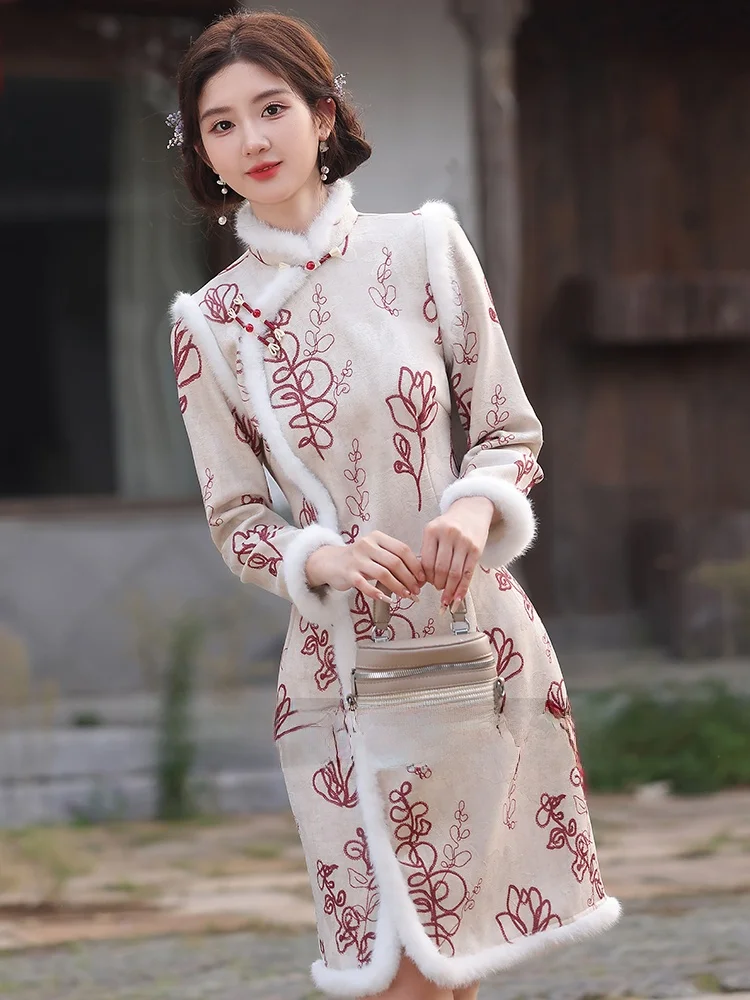 new-chinese-sle-fce-lined-2025-winter-thiened-long-sve-women's-dr-autumn-winter-seasonal-wear