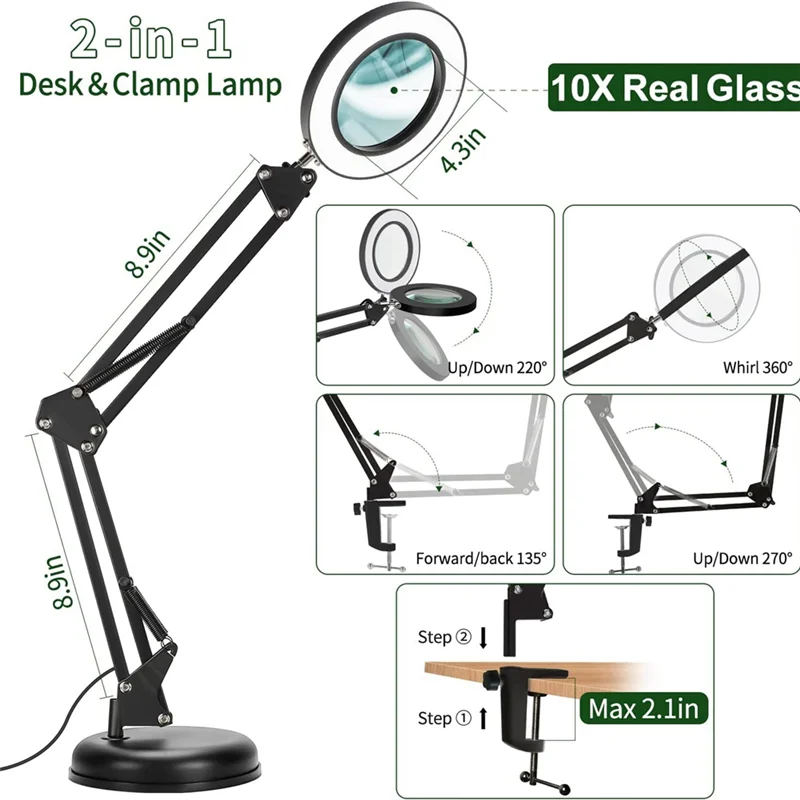 

A15F-1 PCS Magnifying Glass With Light And Stand, 3 Color Modes 2-In-1 Desk Lamp With Clamp 10X Magnifying Lamp