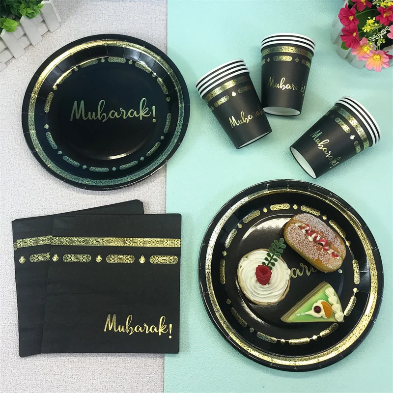 Schwarz Gold Umrah Mubarak Einweg Pappteller Tassen Servietten Banner Home Eid Mubarak Islamische Muslimische Party Ramadan Tischzubehör