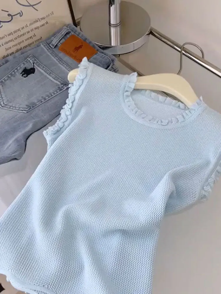 

Blue Knitted Slim Fit Svel round Ne Vest Women's Summer New Sle Unique Top Korean Sle Commute Hollow out Design