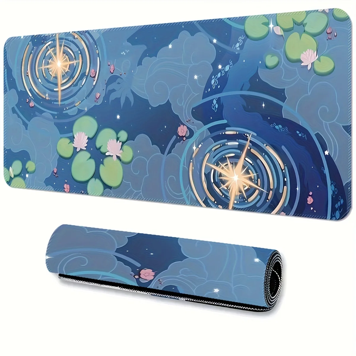Extra Large Gaming Mouse Pad, Rubber Desk Mat, Blue Pond Design with Water Lilies Pattern, Suitable for Office and Esports