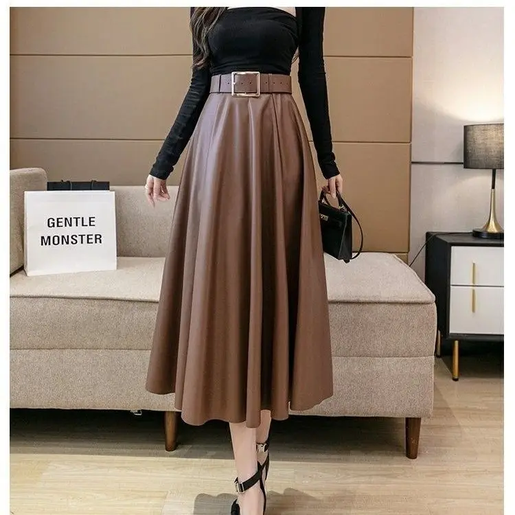 2024 coffee colored leather skirt new high waisted pleated A-line skirt for women in autumn and winter, large swing long skirt