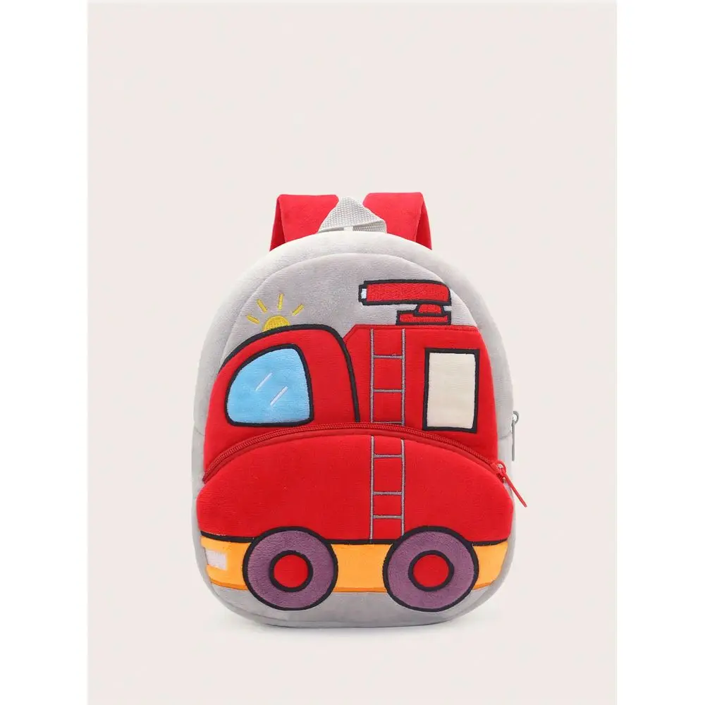 Plush Cartoon Fire Truck Pattern Backpack, Suitable For 24 Years Old Boys Girls, Daily Use