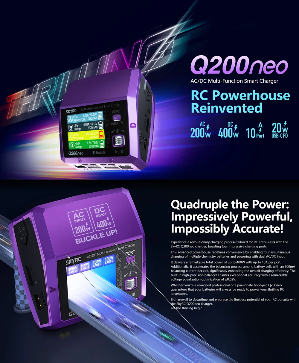 SkyRC Q200neo Lipo Battery Charger Discharger 400W 10A for 1-6S LiPo Li-ion LiHV NiMH Pb AC DC Power Supply Balance Charger