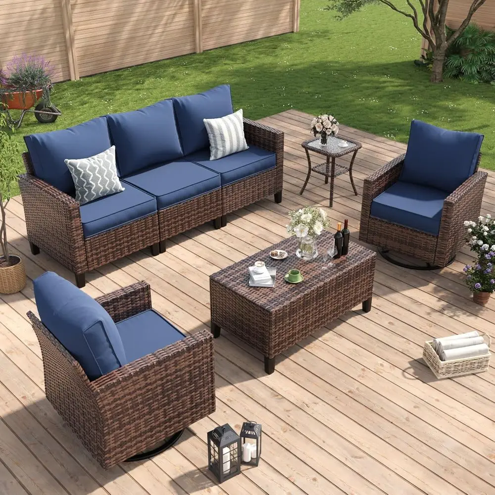 

All-Weather Wicker Outdoor Sectional Sofa Set with Swivel Rocker Chairs, Storage Coffee Table, Waterproof Cover, Brown/Navy 5-Pi