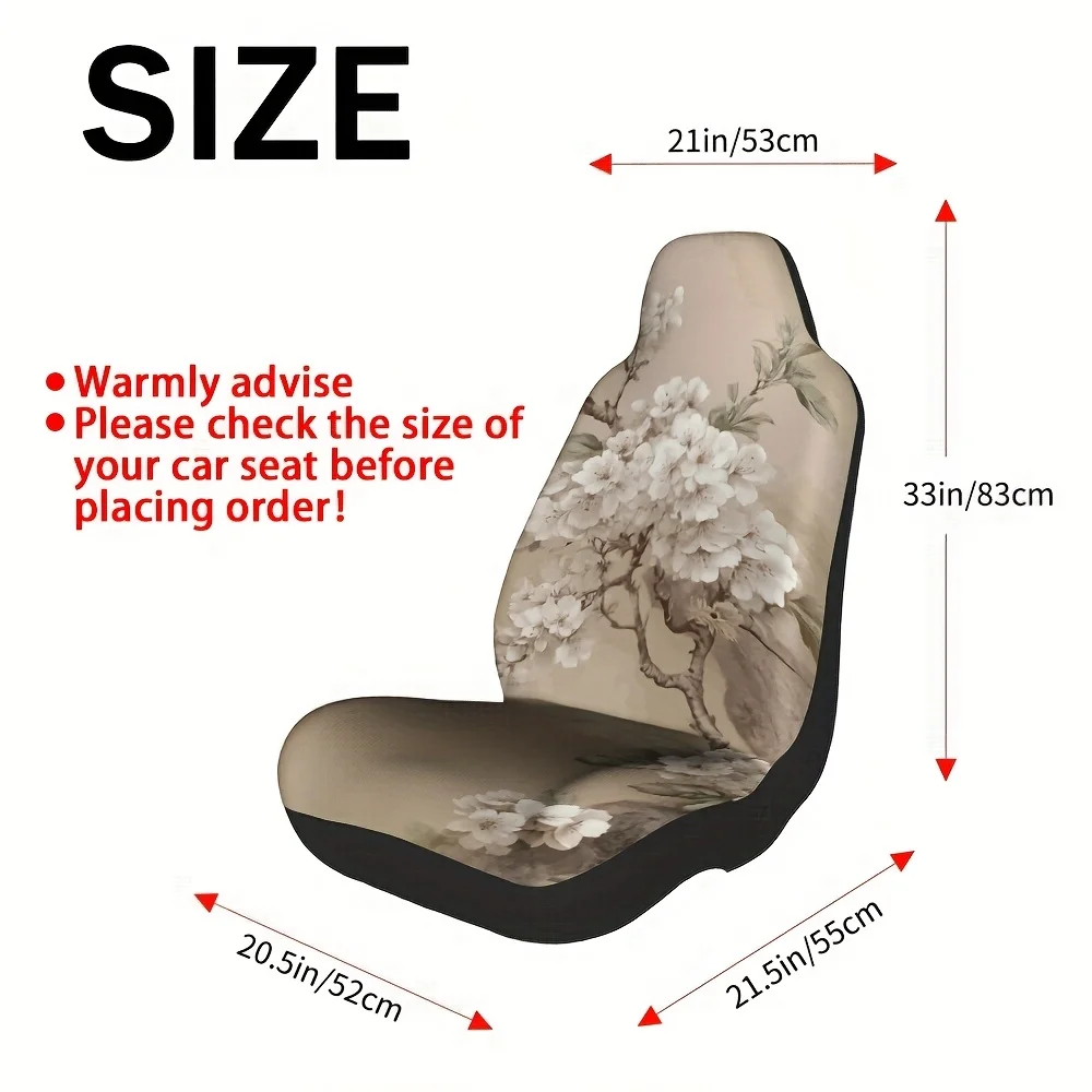 2pcs Chinese Floral & Bird Car Seat Covers - Elegant & Brown Design, Fit For All Vehicles, Durable Polyester, Machine Washable,