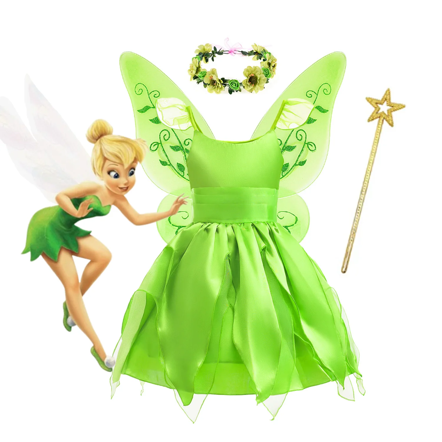 Fairy Tinker Bell Dress for Girls Princess Costume Kids Cosplay Green Flower Fairy Elf Wings TinkerBell Carnival Party Clothes