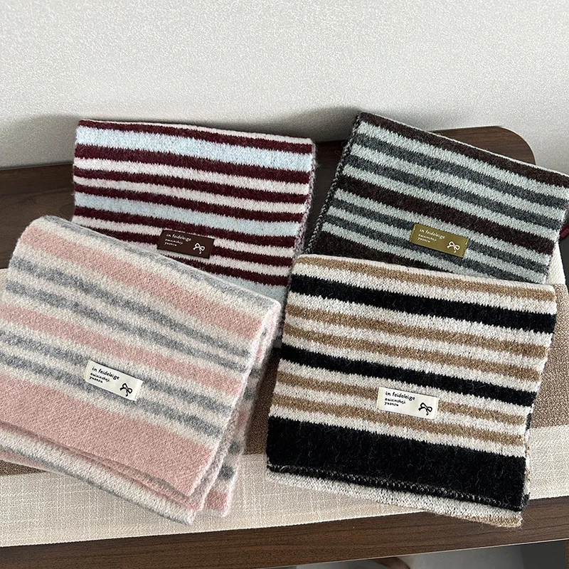 

Вязаный шерстяной шарф в корейском стиле с полосками, зимний теплый флисовый шарф с бантом, утеплитель для шеи, милый стильный аксессуар