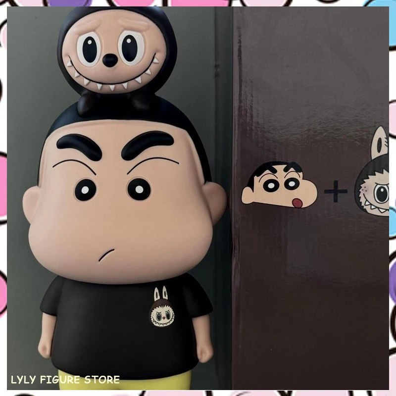 Boxed Cartoon Gk Crayon Shin Chan Lying On Top Of His Head With Labubu Kawaii Desktop Decorations Model Doll Children Toys Gifts