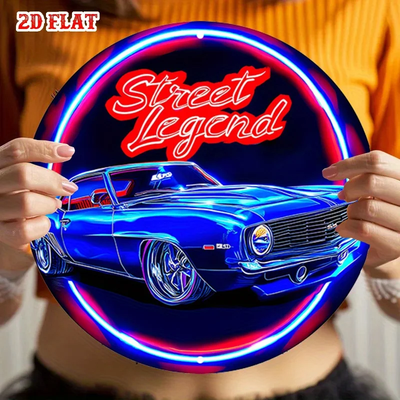 Panneau en aluminium rond 2D plat, style bidimensionnel - Art mural en métal bleu néon brillant, voiture classique