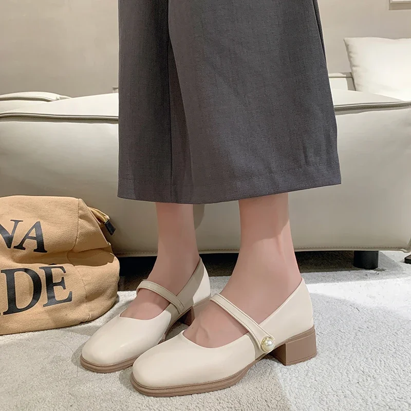 

Soft Leather Pumps Shoes Women's Mary Jane All match Heels Comfortable Low Heels Soles Soft Mom Shoes Casual Spring Autumn 2024