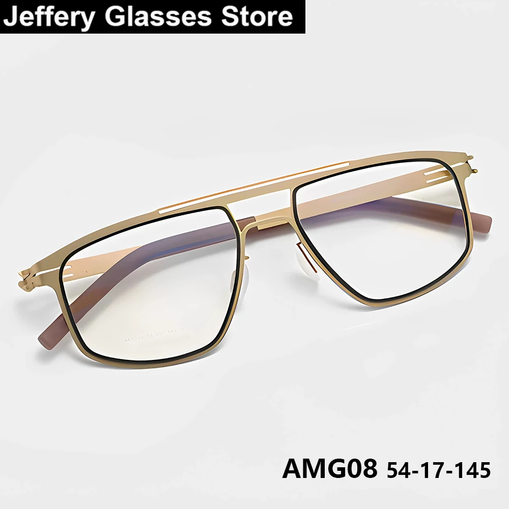 Germany Screwless Pilot Eyeglasses Men Double Beam AMG08 Thin Steel Ultralight Glasses Frame Full Rim Medium Wide Face Spectacle
