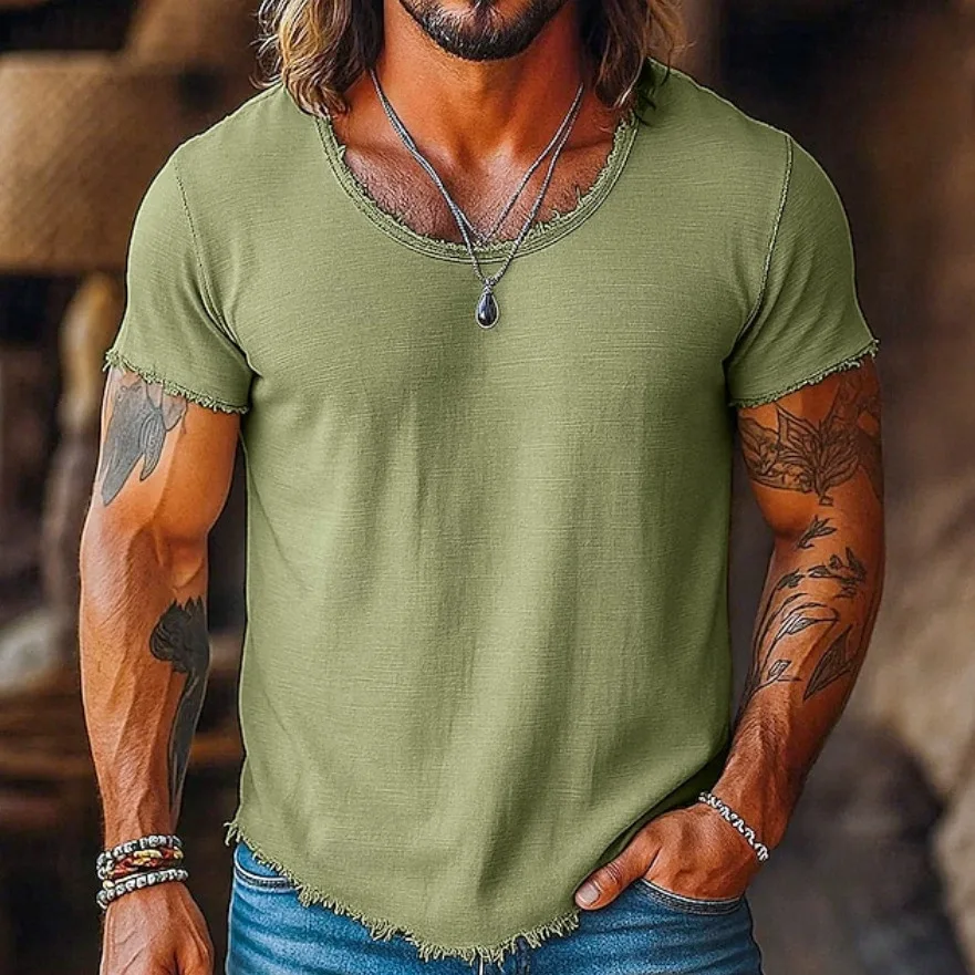 2026 Spring New Men's Casual T-Shirt Short Sleeve Neckline Rough Edge