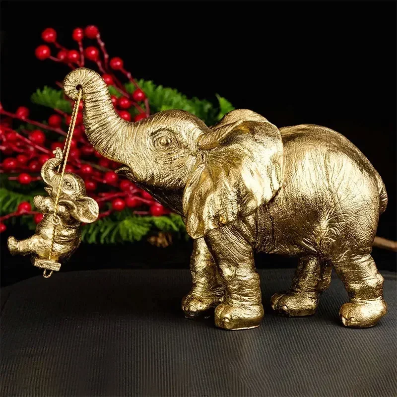 Golden Swing Mother Son Elephant Statue Resins Animal Elephant Sculpture Home Decor Living Room Bedroom Bookcase Mesa Decoration