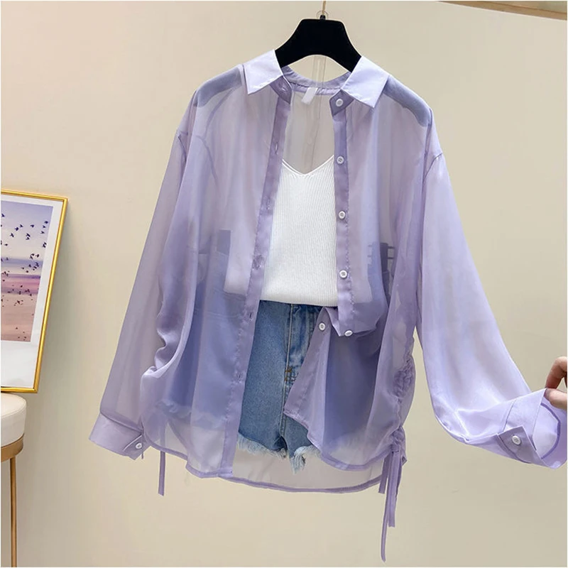 Drawstring Long Sleeve White Sunscreen Shirt Women New Summer Thin Casual Chiffon Blouse Women Tops Fashion Plus Size Shirts X30