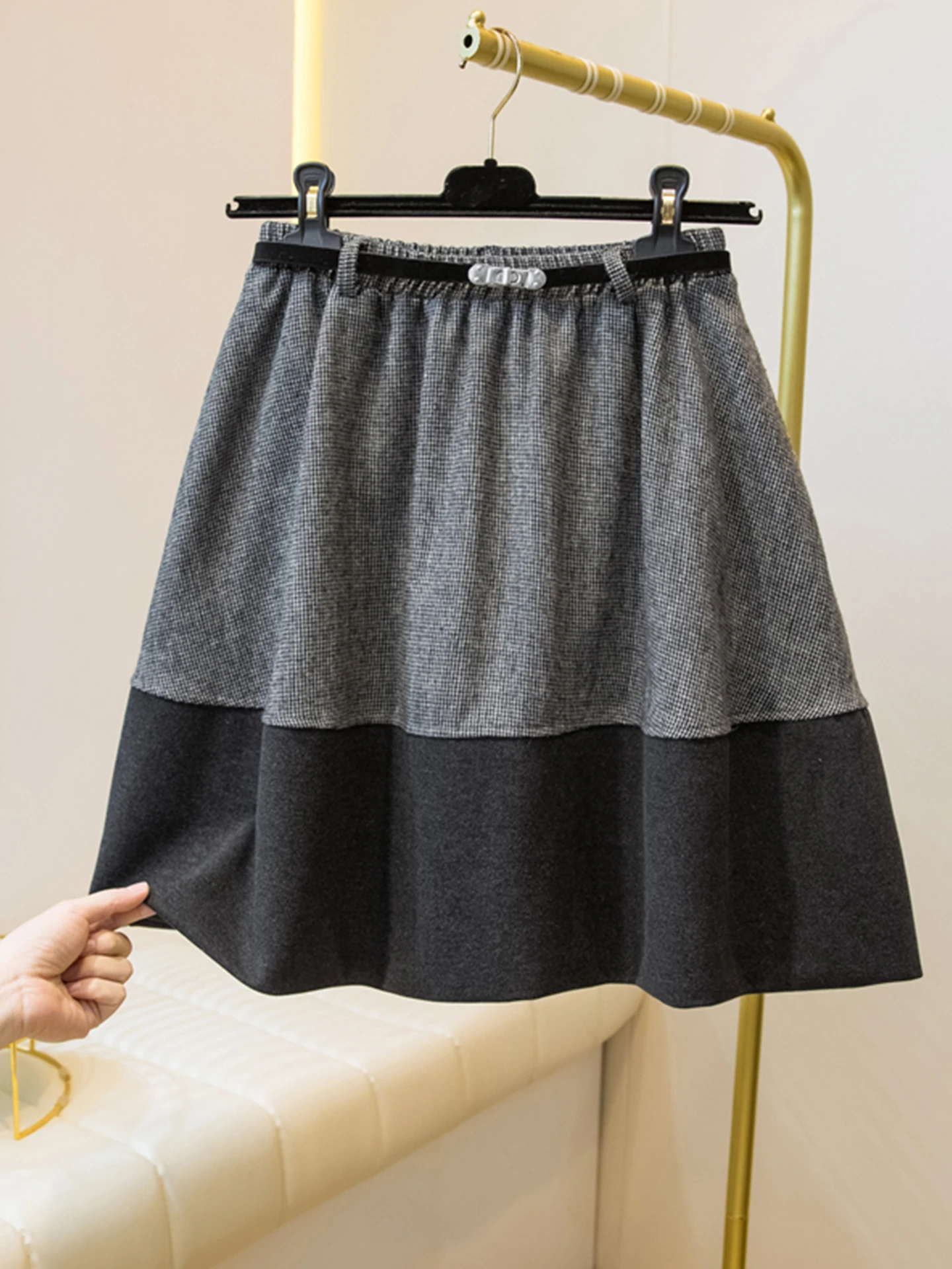 

Юбка А-силуэта с высокой талией для полных женщин, осенне-зимняя, в клетку, с лоскутным шитьем, шерстяная, на резинке, для повседневной носки