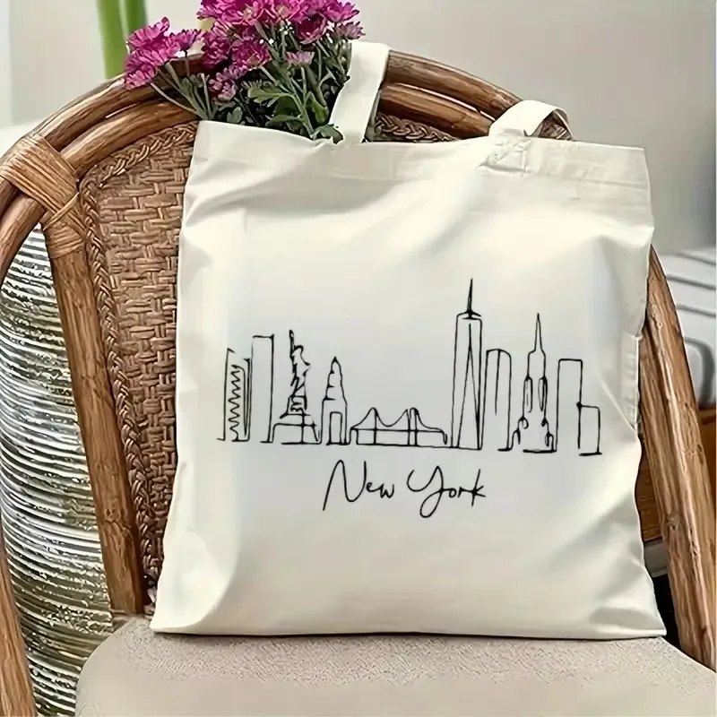 Aesthetic New York Canvas Tote Bag Women Pink Letter Print Statue of Liberty Shopper Bag Fashion Graphic Daily Shoulder Handbag