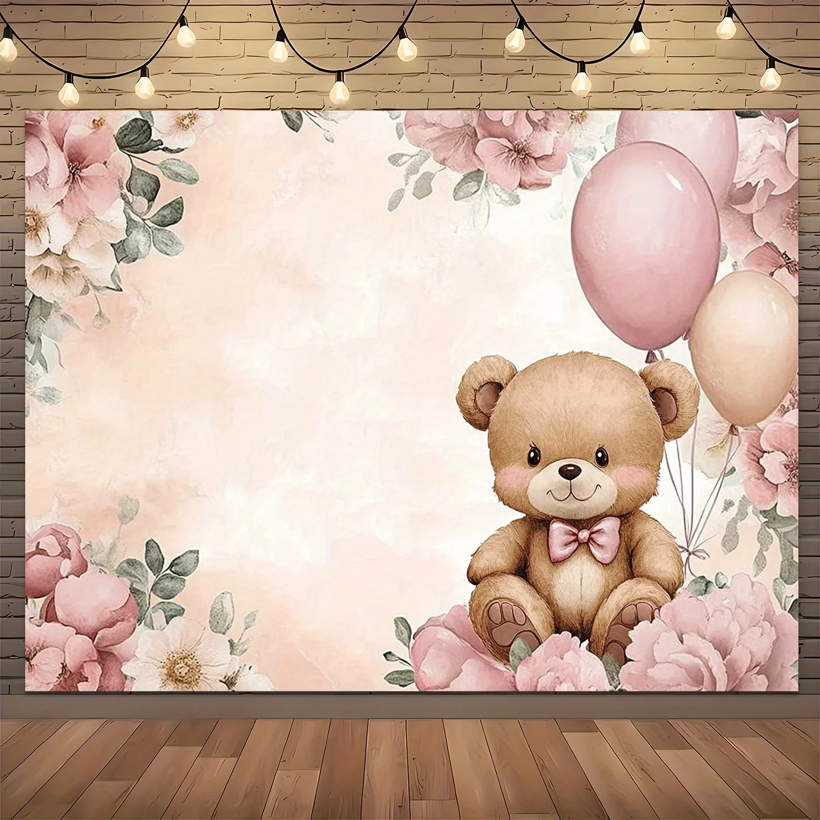 Niedlicher Teddybär, rosa Blumenballon, verträumtes Blumenhintergrundtuch