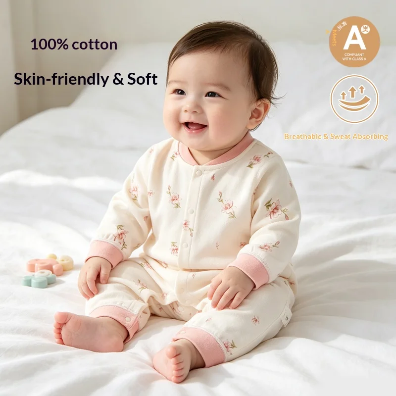 Baby Cotton All-Season Romper, Soft Long-Sleeve One-Piece, Breathable Outdoor & Sleep Outfit for Infants