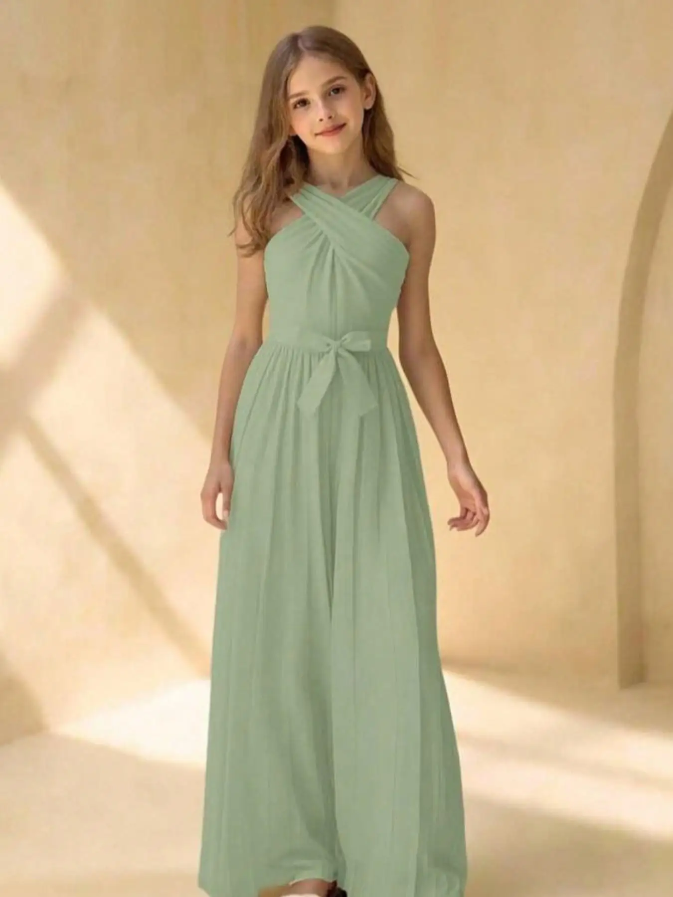 Elegant Sleeveless Cross Neck Ruched Butterfly Knot Jumpsuit Slim Fit Casual Fashion Party Dress for Teenage Girls