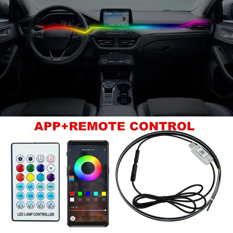 Carro LED Luz Atmosfera, 64 Cores, Tiras de Acrílico, 110cm, Full RGB, Auto Interior, Hidden App, Controle Remoto, Lâmpada Ambiente, USB