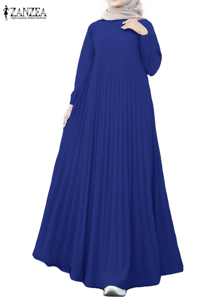 ZANZEA Elegante Frauen Muslimischen Abaya Kleid Langarm IsIamic Robe Türkei Dubai Vestidos Eid Mubarek Herbst Plissee Sommerkleid