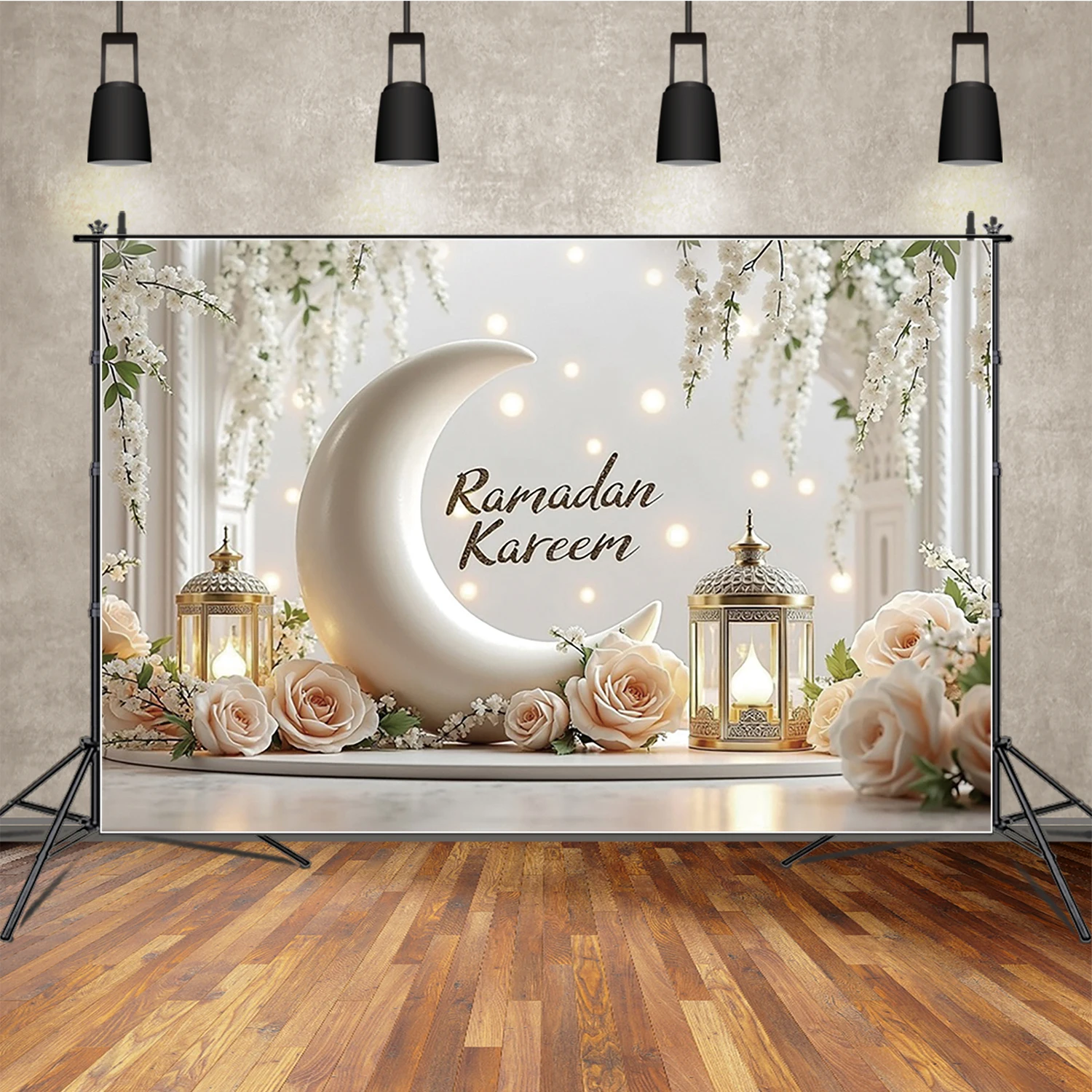 

MOON.QG Eid Al-Fitr Festival Photography Backdrop White Wall Lantern Rose Photocall Background Banner Celebration