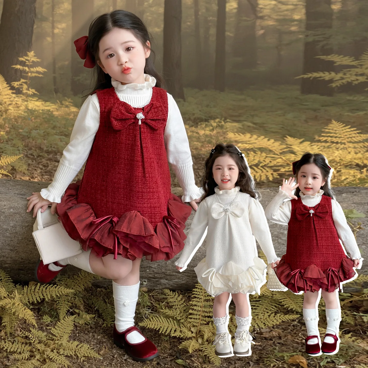 Red Cotton Patchwork Dress Set for Girls 4-6Y