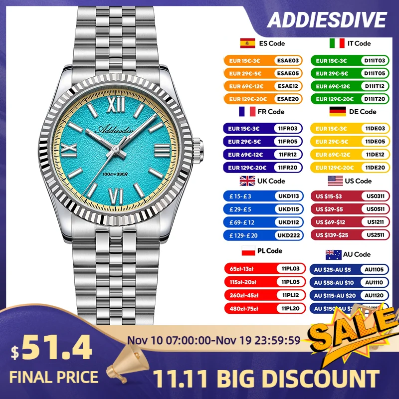 

ADDIESDIVE 2025 New Dive Watch VH31 Quartz Watch 100m Waterproof Men Watch Fashion Sapphire 36mm Stainless Steel Watch AD2535