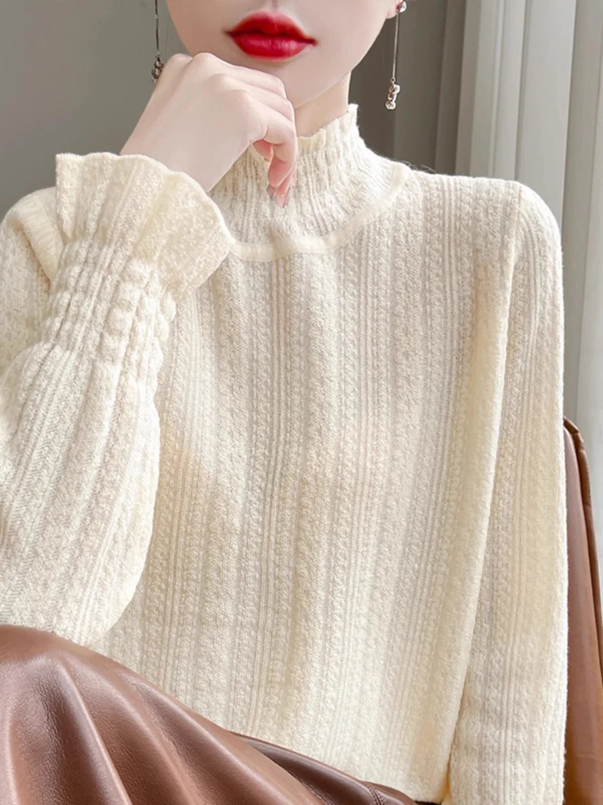 Ele Lace Base irt dames zoete dunne lange Sve f hoge kraag lange Sve top zacht ontwerp sensatie kleine fraan...