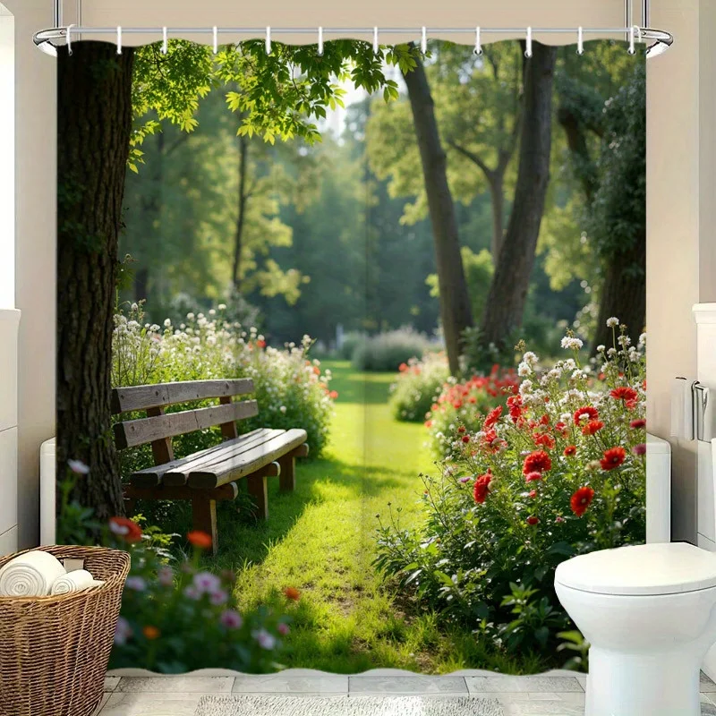 1pc Shower Curtain - Serene Garden Path with a Wooden Bench Amidst Lush Greenery and Vibrant Flowers, Perfect for Bathroom
